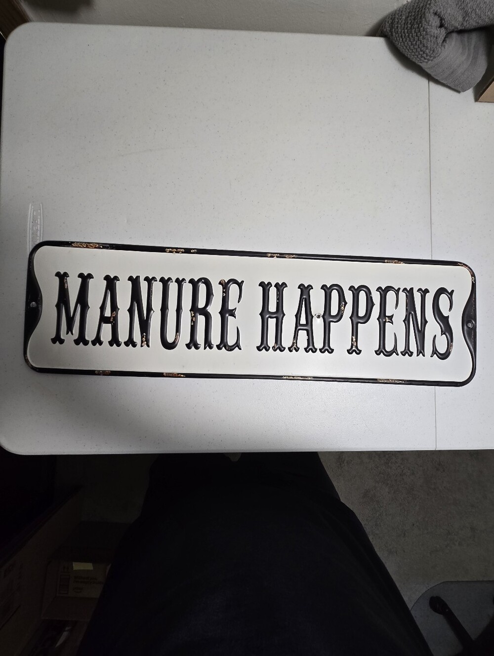 Large "Manure Happens"  Novelty Metal Sign Black and White  24" x 7"